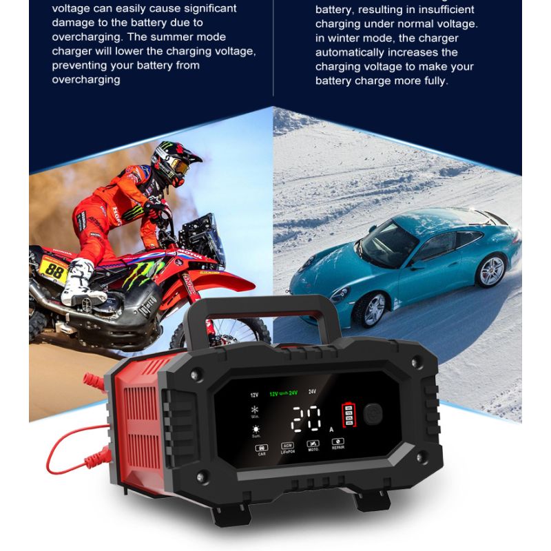 FOXSUR 20A Chargeur de Batterie Portable 12V-24V Réparation Automatique AGM LiFePO4 Performance Fiable