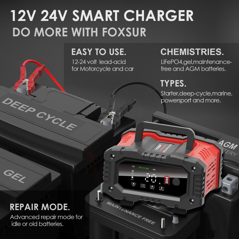 FOXSUR 20A Chargeur de Batterie Portable 12V-24V Réparation Automatique AGM LiFePO4 Performance Fiable
