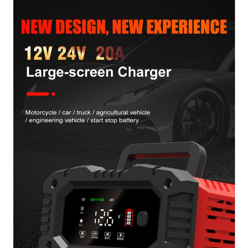 FOXSUR 20A Chargeur de Batterie Portable 12V-24V Réparation Automatique AGM LiFePO4 Performance Fiable