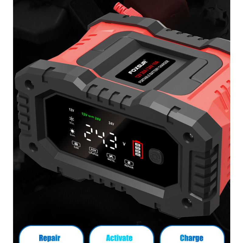 FOXSUR 20A Chargeur de Batterie Portable 12V-24V Réparation Automatique AGM LiFePO4 Performance Fiable