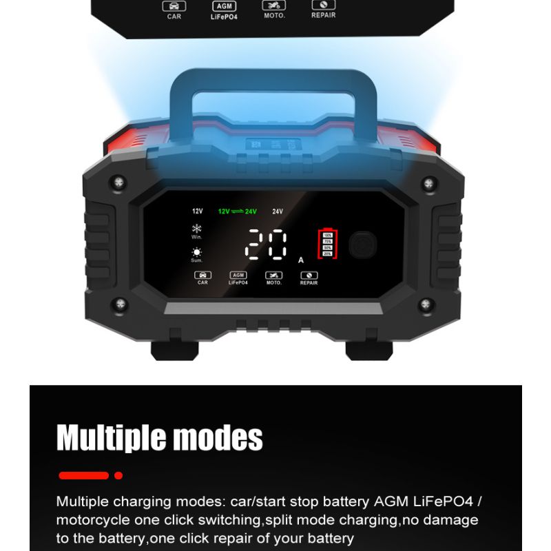 FOXSUR 20A Chargeur de Batterie Portable 12V-24V Réparation Automatique AGM LiFePO4 Performance Fiable