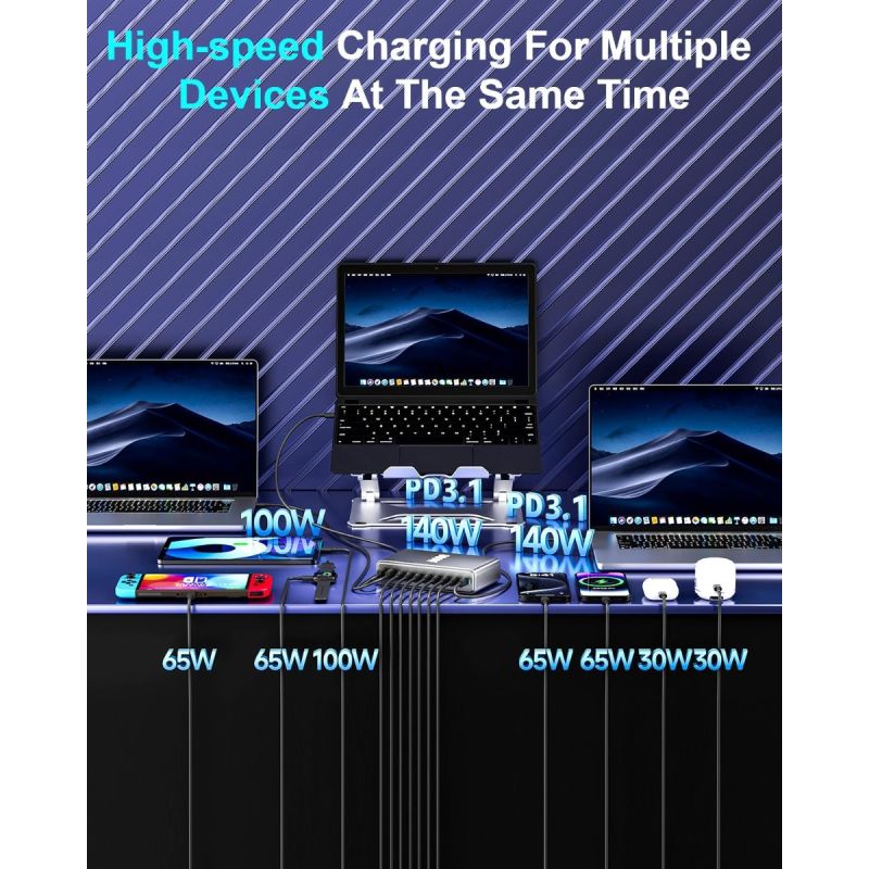 Chargeur USB-C 800W 10 ports GaN III Pro - Dual 140W PD PPS, MacBook, iPhone, multi-appareils