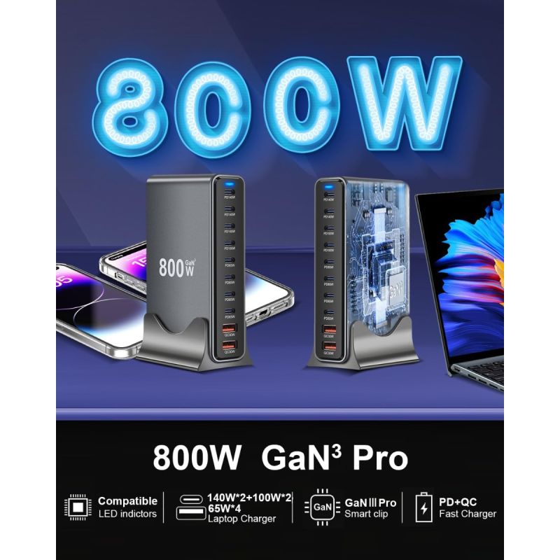 Chargeur USB-C 800W 10 ports GaN III Pro - Dual 140W PD PPS, MacBook, iPhone, multi-appareils