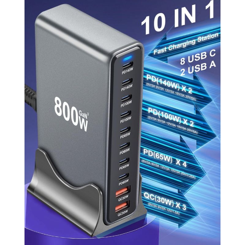 Chargeur USB-C 800W 10 ports GaN III Pro - Dual 140W PD PPS, MacBook, iPhone, multi-appareils