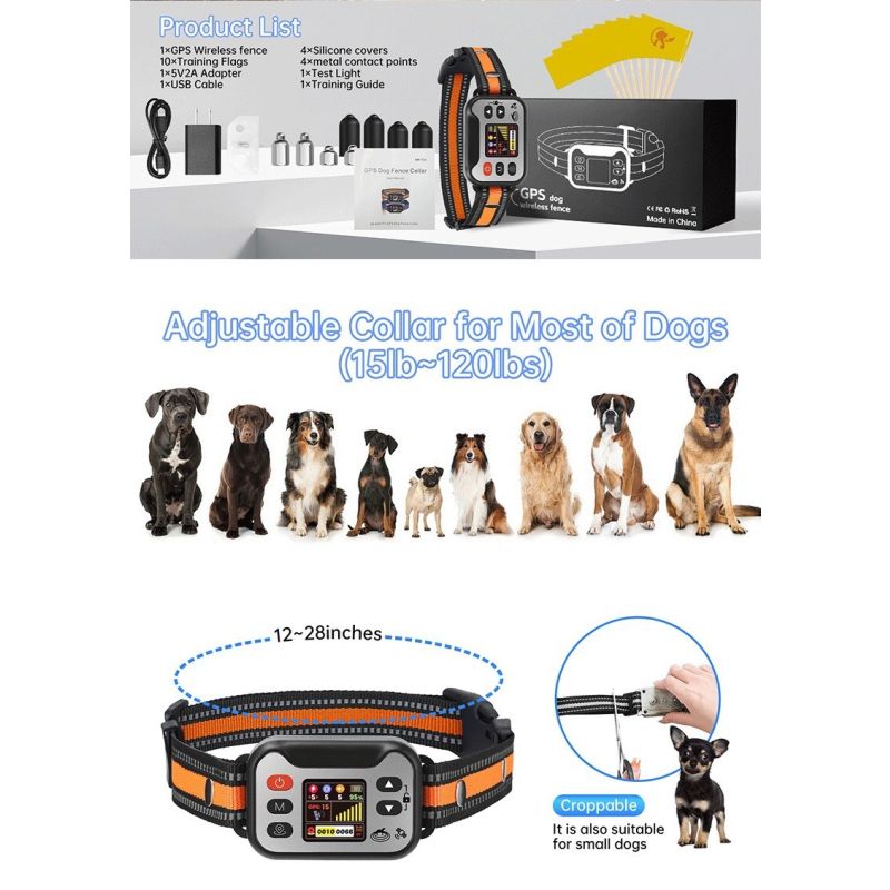 Collier Anti-fugue GPS & Anti-aboiement Rechargeable Étanché | Clôture Virtuelle GPS Sécurité Chien 15-120 lbs