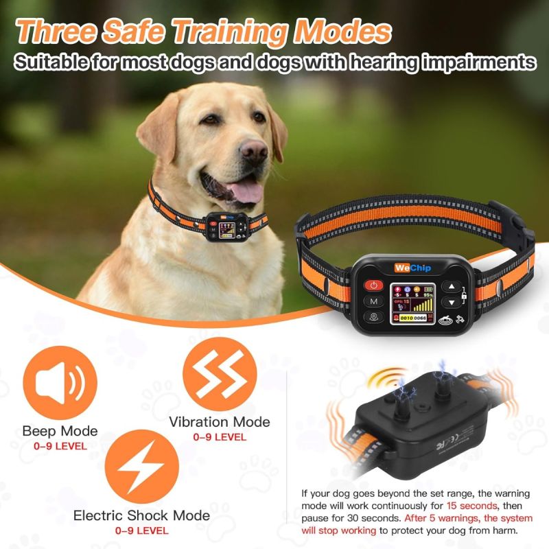 Collier Anti-fugue GPS & Anti-aboiement Rechargeable Étanché | Clôture Virtuelle GPS Sécurité Chien 15-120 lbs