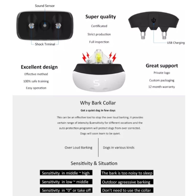Collier de dressage pour chien étanche avec niveaux de choc ajustables et gestion efficace des aboiements