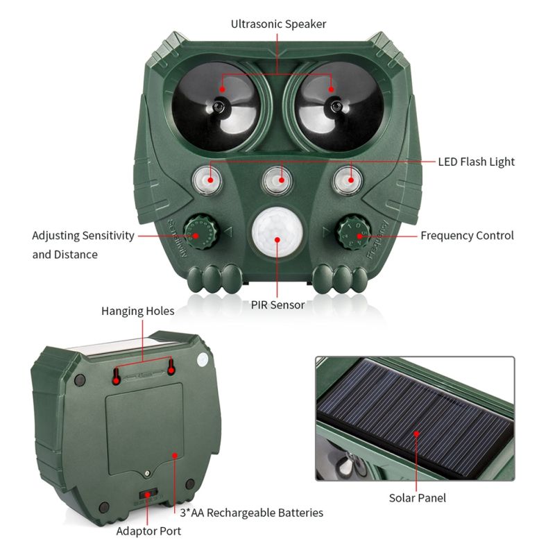 Répulsif Ultrasonique Solaire Jardin IP44 Silence Pour Animaux Écologique pour Oiseaux Chats et Ratons Laveurs