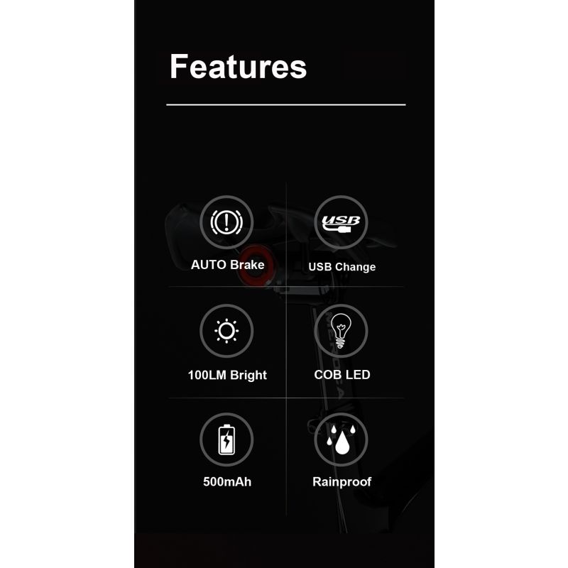 Éclairage Vélo Intelligente Lumière Arrière avec Démarrage Automatique Freinage Induction IPX6 Recharge USB