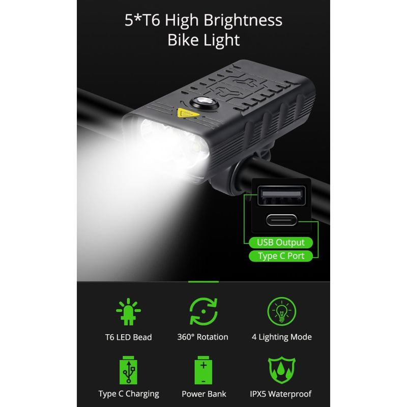 Phare vélo TK5 5000 lumens super lumineux lampe frontale rechargeable USB sécurité cyclisme aluminium étanche