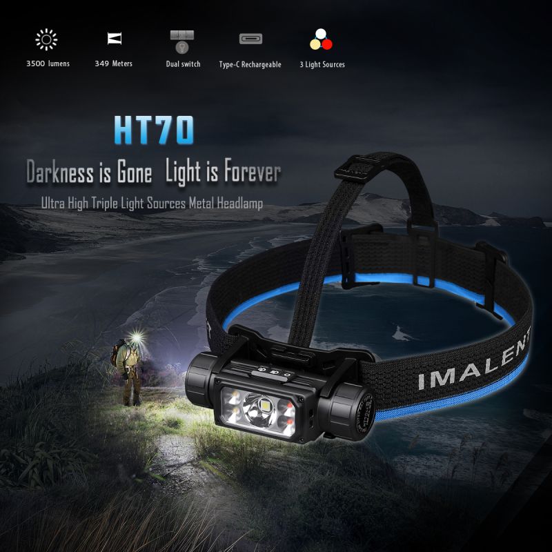 Lampe frontale haute performance IMALENT HT70 3500 lumens LED XHP50.3 HI pour aventure en plein air rechargeable