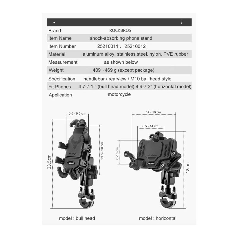 Support Téléphone Rotatif ROCKBROS Aluminium Réglable Vélo Moto Antidérapant avec Absorption Chocs Silicone