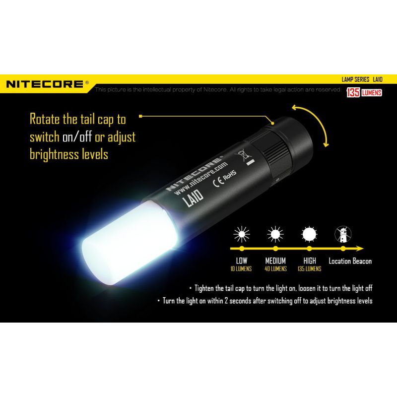 Lampe compacte Nitecore LA10 135 lumens LED Nichia XP-G2 S3 lampe de poche EDC design à rotation lampe d'extérieur