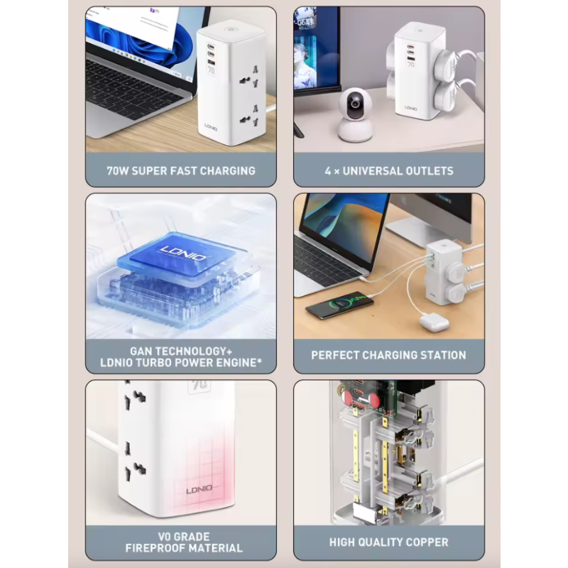 LDNIO Multiprise Tour Cube Parasurtenseur 70W USB-C/A UK US EU Adaptateur Universel Économie d'Espace