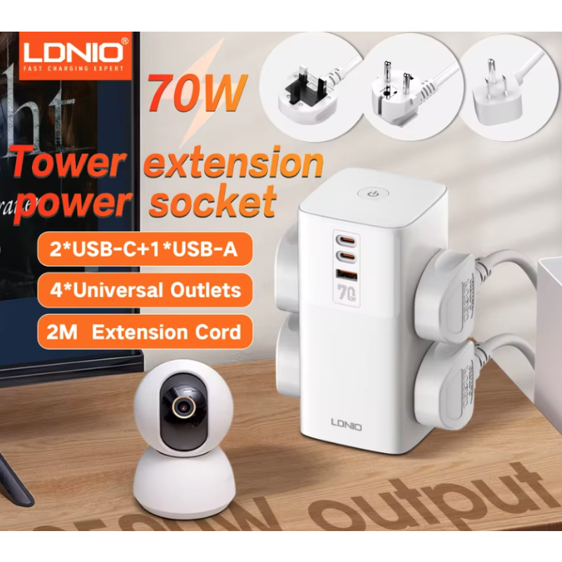 LDNIO Multiprise Tour Cube Parasurtenseur 70W USB-C/A UK US EU Adaptateur Universel Économie d'Espace