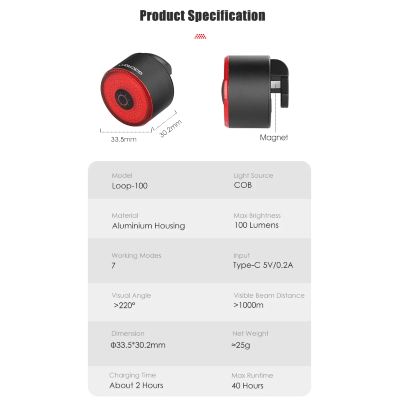 Gaciron LOOP-100 feu arrière vélo haute luminosité capteur de freinage sécurité cyclisme alliage d'aluminium