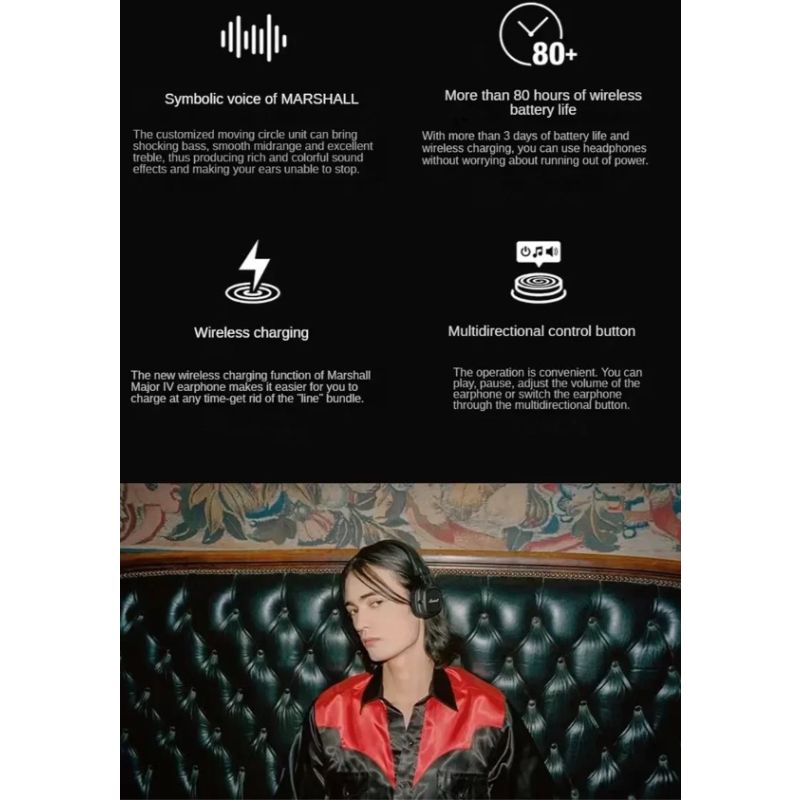 Casque Bluetooth Marshall Major IV avec son signature basses profondes et charge sans fil pour amateurs de musique