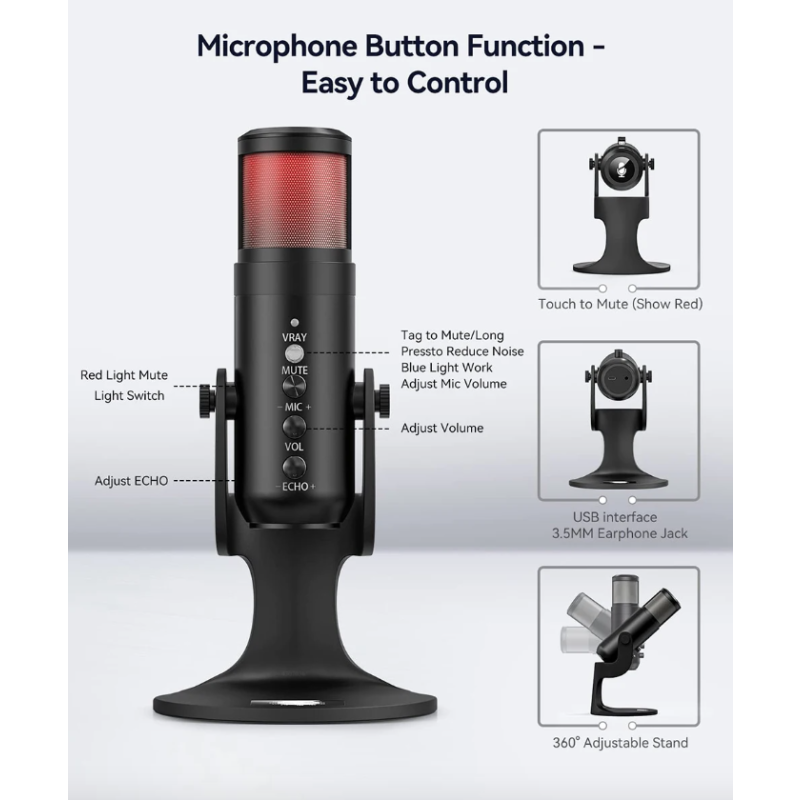 Nouveau MU900PRO Microphone USB RVB Haute qualité sonore pour créateurs de contenu avec éclairage LED dynamique