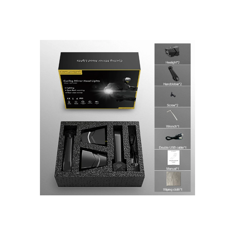 Phare rétroviseur CarryBright CB800 visibilité cycliste alliage aluminium design bouton verrouillage vélo sécurité