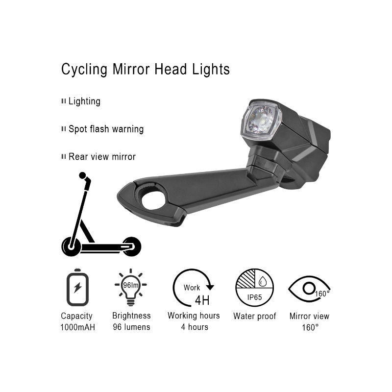 Phare rétroviseur CarryBright CB800 visibilité cycliste alliage aluminium design bouton verrouillage vélo sécurité