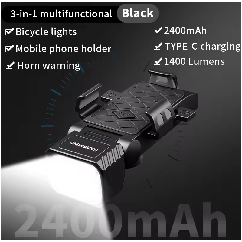 Phare Vélo Multifonction 3-en-1 avec Klaxon & Support Téléphone. Sécurité Vélo USB-C.