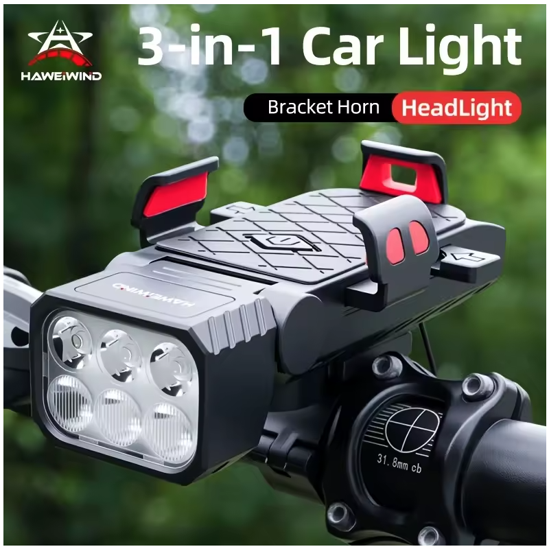 Phare Vélo Multifonction 3-en-1 avec Klaxon & Support Téléphone. Sécurité Vélo USB-C.