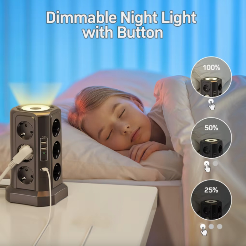 Multiprise Parafoudre XT-G3211 4000W 16A avec USB-A/C, Veilleuse. Protection Surtension/Surcharge, Bureau/Domestique.