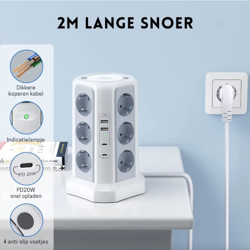 Multiprise Parafoudre XT-G3211 4000W 16A avec USB-A/C, Veilleuse. Protection Surtension/Surcharge, Bureau/Domestique.