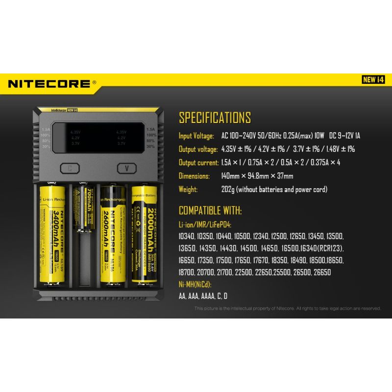 Nitecore NOUVEAU I4 Chargeur de Batterie Li-ion Technologie de Charge Intelligente Compatibilité Étendue