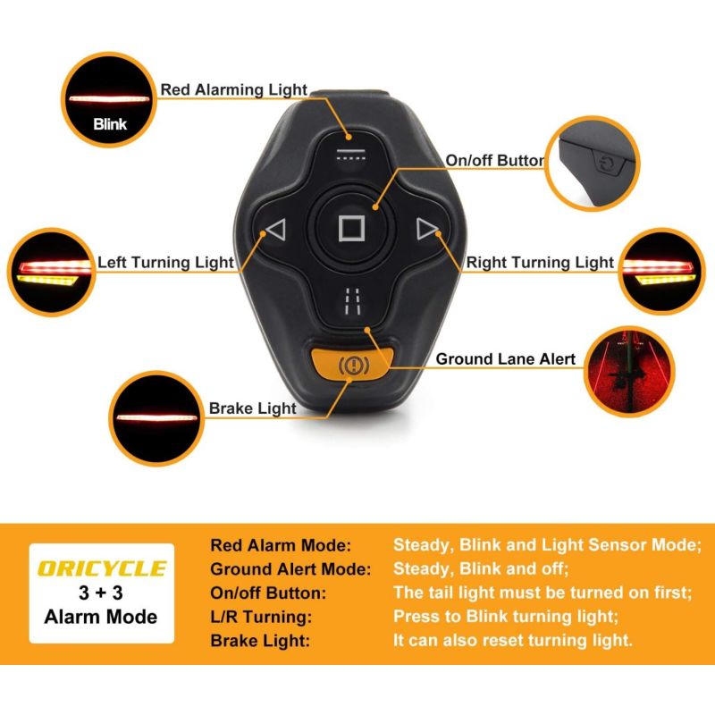 Ampulla Feu arrière vélo C1 LED rechargeable, télécommande, clignotant vélo et projecteur de voie. Installation facile!