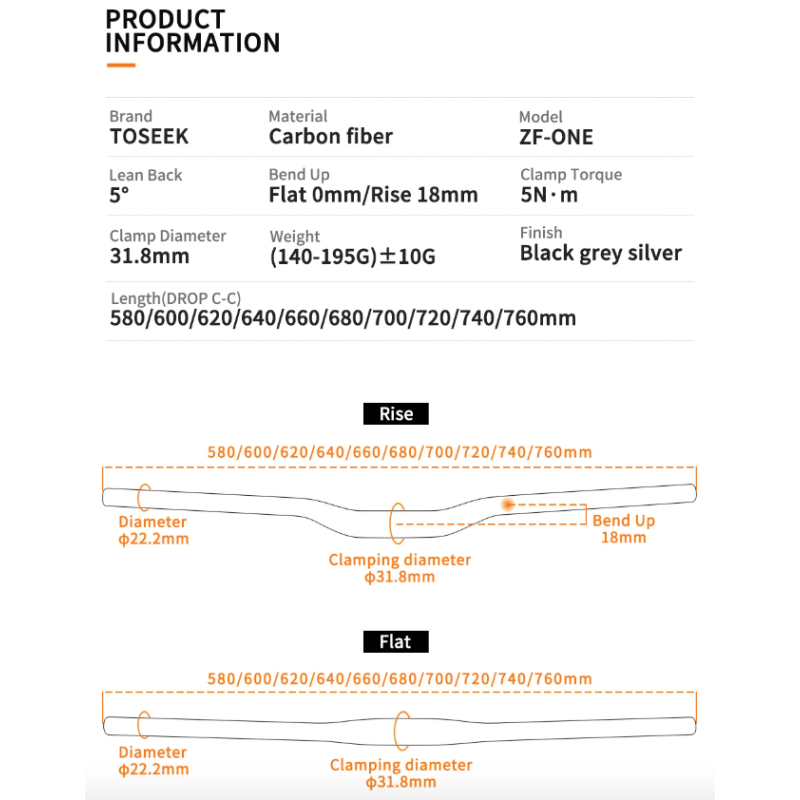 Guidon TOLOOKING ZF-ONE Vélo en Fibre de Carbone 31.8mm Noir Mat Largeur 580-760mm Haute Qualité Cyclisme