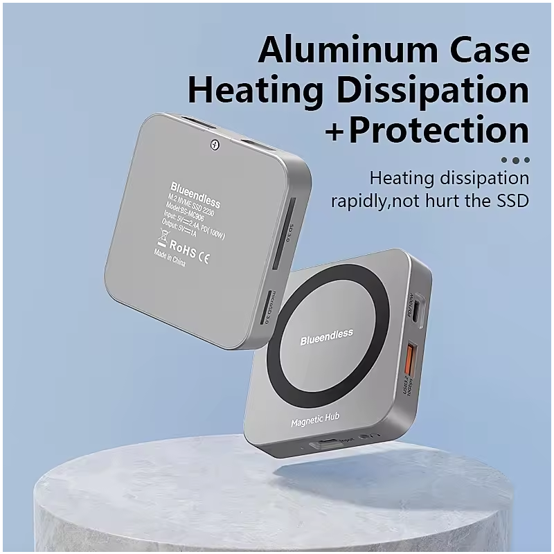 Blueendless Station d'accueil magnétique portable M.2 NVMe | HDMI 4K60Hz 10Gbps 100W PD Type-C 3.2 Boîtier SSD