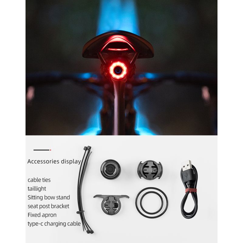 Feu arrière vélo ROCKBROS Q3 feu LED étanche IPX6 pour VTT cyclisme nocturne capteur de frein intelligent