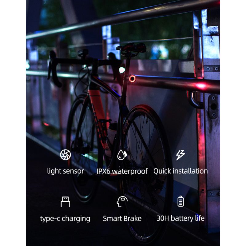 Feu arrière vélo ROCKBROS Q3 feu LED étanche IPX6 pour VTT cyclisme nocturne capteur de frein intelligent