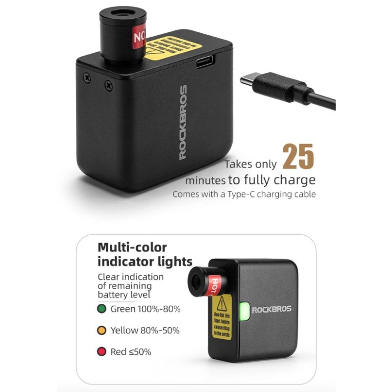 Pompe à vélo ROCKBROS électrique portable rechargeable 100PSI design compact pour vélo moto voiture