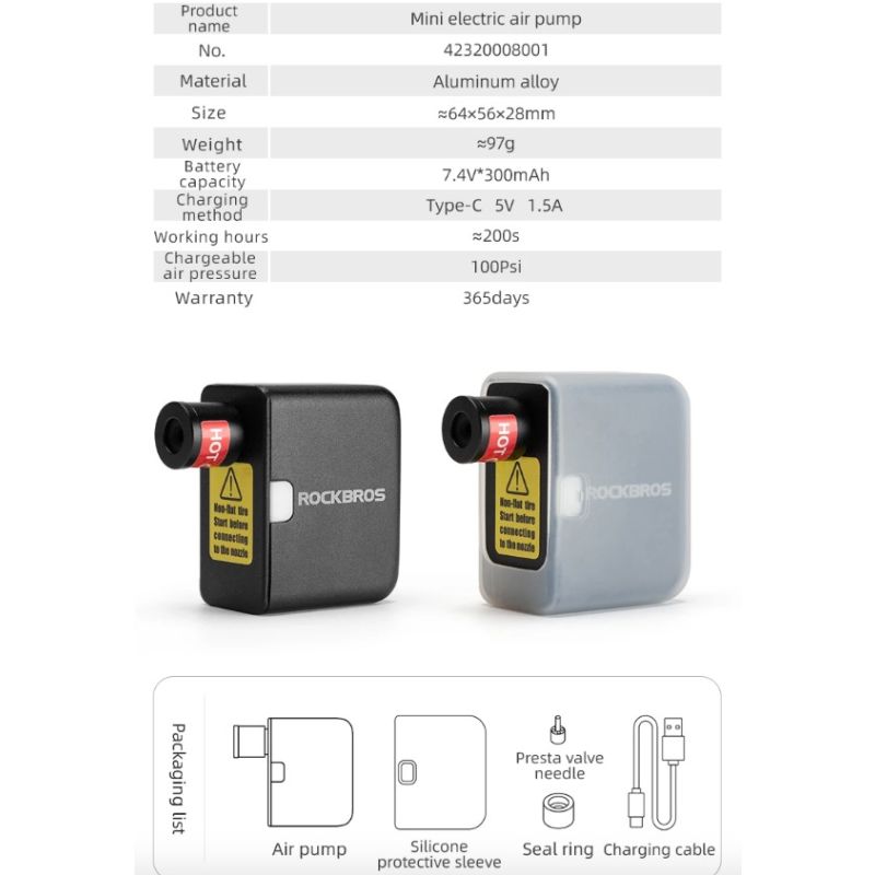 Pompe à vélo ROCKBROS électrique portable rechargeable 100PSI design compact pour vélo moto voiture