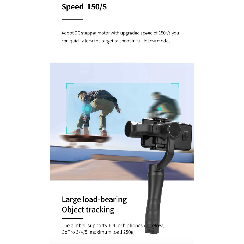 Stabilisateur 3 axes Cardan de poche pour téléphone portable Vidéos fluides Anti-secousse Modes de stabilisation