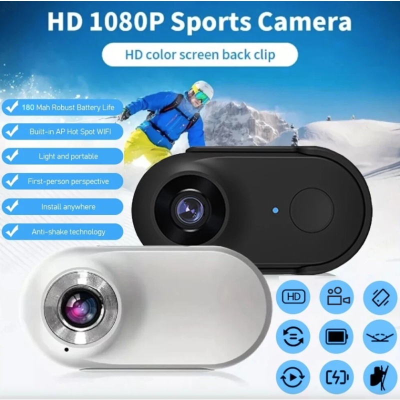 Caméra WiFi Pouce HD 1080P Sport Portable, Enregistreur Vidéo Moto Animaux 120° Grand-Angle