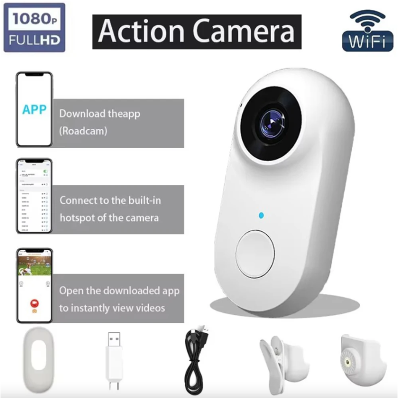 Caméra WiFi Pouce HD 1080P Sport Portable, Enregistreur Vidéo Moto Animaux 120° Grand-Angle