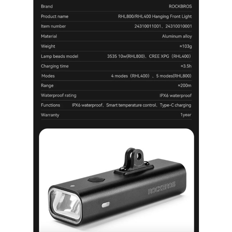 Feu avant de vélo ROCKBROS RHL-1000LUMEN LED 1000 lumens étanche charge Type-C sécurité cyclisme en extérieur