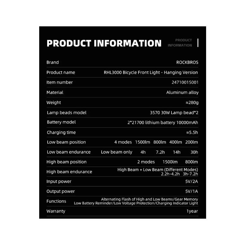 ROCKBROS RHL3000 lumière avant vélo 3000 lumens étanche rechargeable haute luminosité 10000mAH cyclisme