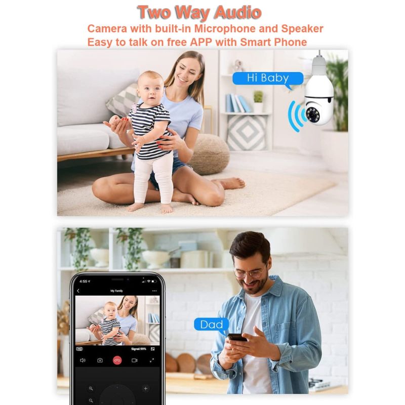 Ampoule Caméra de Surveillance 5G Wifi E27 Vision Nocturne Couleur Automatique Suivi Humain Audio Bidirectionnel