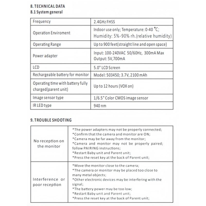 Moniteur bébé 5 pouces caméra SM650 vidéo HD 720P audio bidirectionnel surveillance infantile batterie longue durée