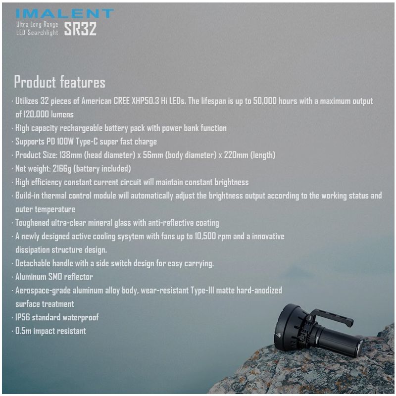 Lampe de poche IMALENT SR32 120000 lumens éclairage extérieur durable distance du faisceau 2080 mètres