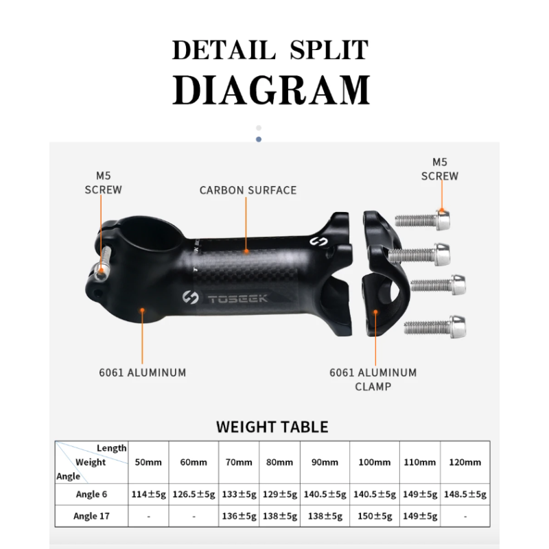 Tige de guidon vélo TOSEEK 28.6mm-31.8mm aluminium carbone léger angle ajustable pour passionnés de VTT
