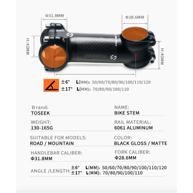 Tige de guidon vélo TOSEEK 28.6mm-31.8mm aluminium carbone léger angle ajustable pour passionnés de VTT