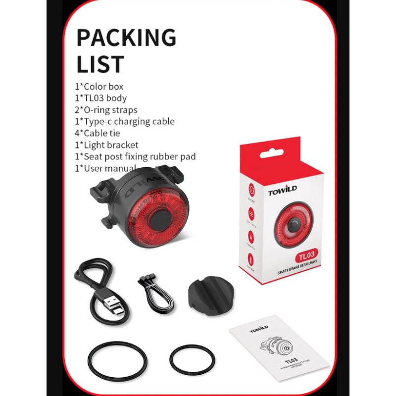 TOWILD TL03 Feu Arrière Vélo Intelligent LED Détection Freinage Automatique Étanche Accessoire Sécurité Cyclisme