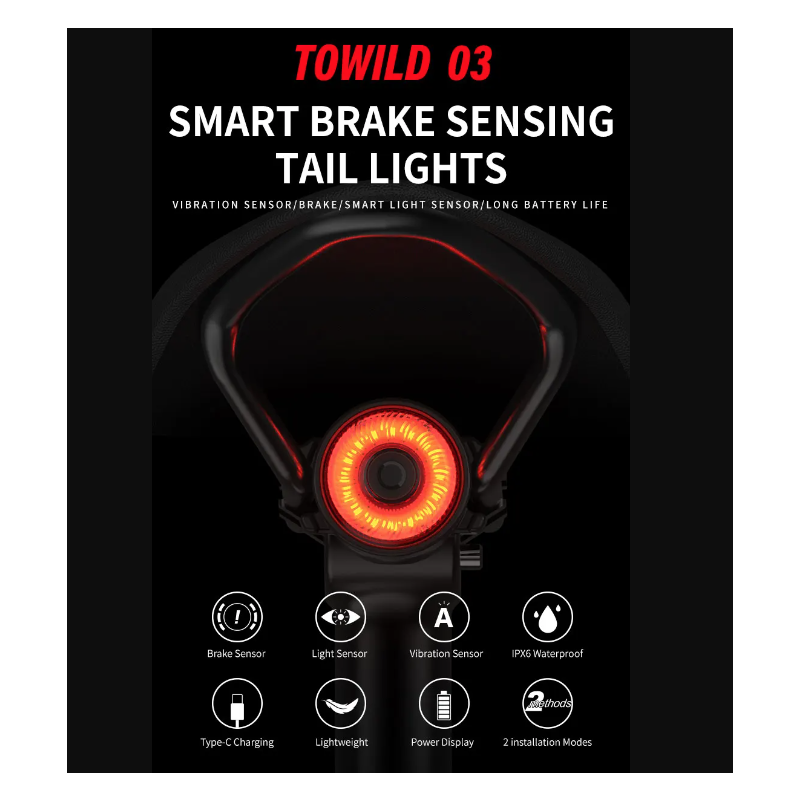 TOWILD TL03 Feu Arrière Vélo Intelligent LED Détection Freinage Automatique Étanche Accessoire Sécurité Cyclisme