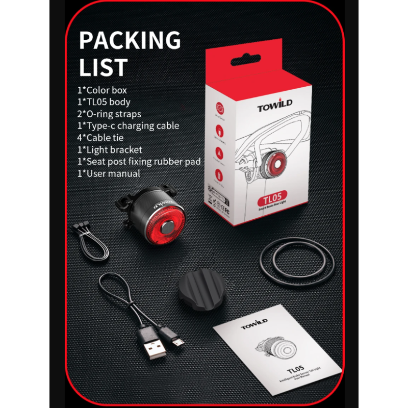 Feu arrière vélo TOWILD TL05 détection automatique freinage étanchéité IPX6 éclairage LED USB sécurité cycliste
