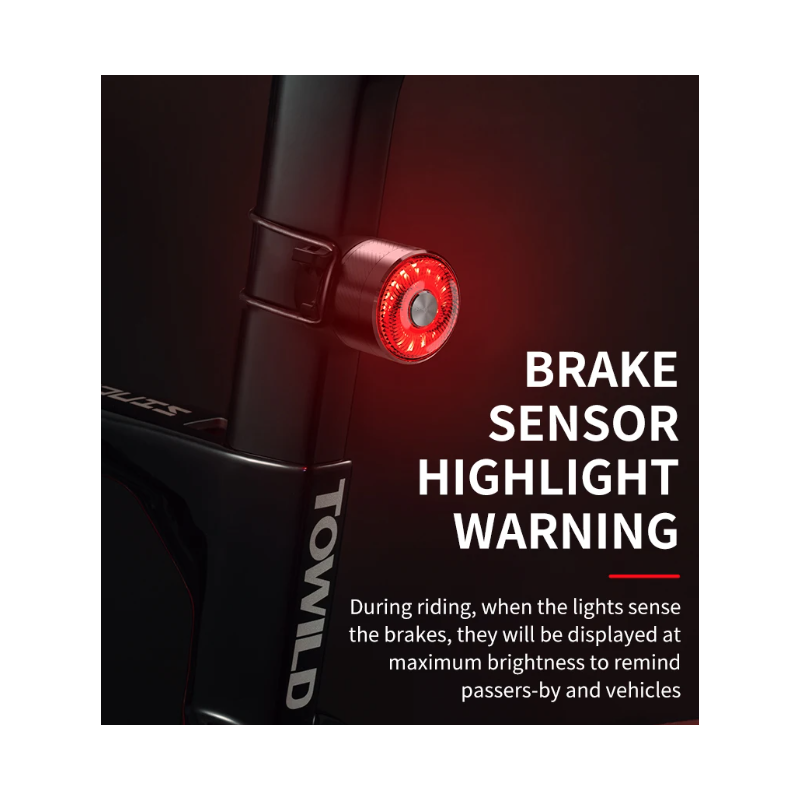 Feu arrière vélo TOWILD TL05 détection automatique freinage étanchéité IPX6 éclairage LED USB sécurité cycliste